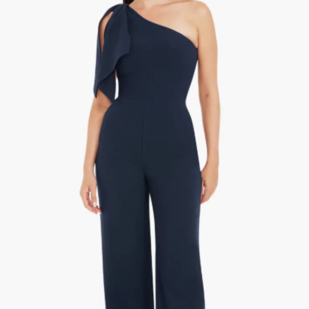 Dress The Population, Elegant Navy One-Shoulder Jumpsuit